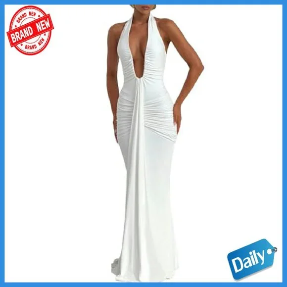 Deep V Neck Ruched Maxi Dress Formal Halter Gown Cocktail Evening - Picture 2 of 8